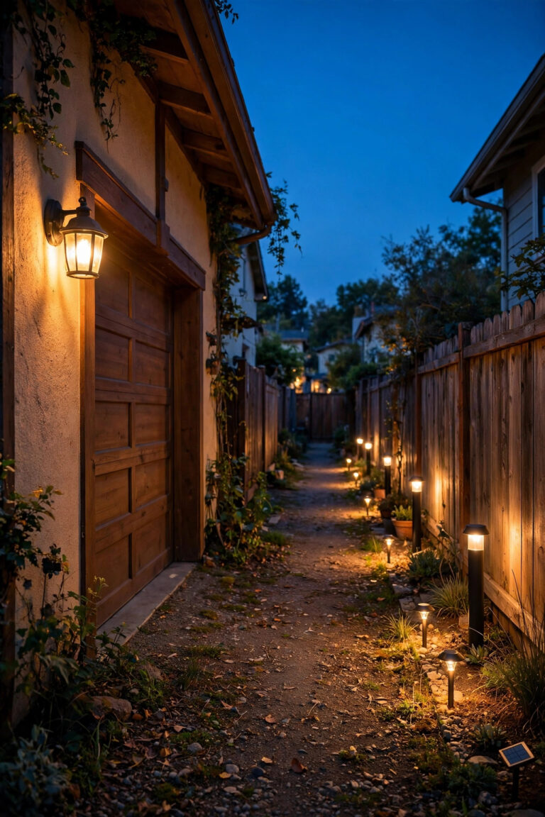 Warm rear alley behind an urban home at dusk with a glowing garage sconce, solar path markers and soft bollard light along the fence