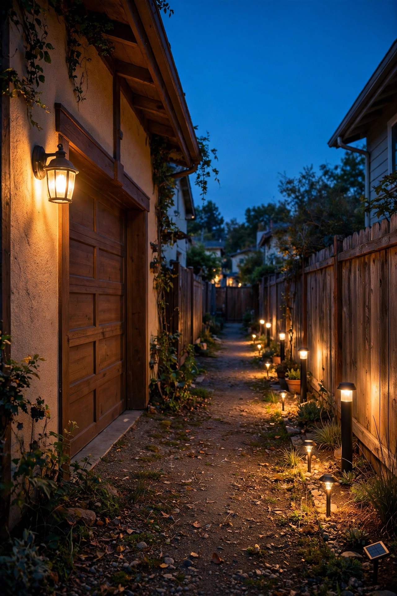 Warm rear alley behind an urban home at dusk with a glowing garage sconce, solar path markers and soft bollard light along the fence