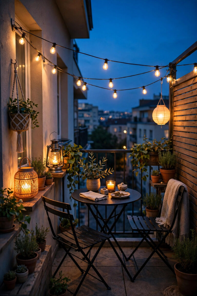Cozy apartment balcony at dusk with warm string lights, glowing lanterns, and layered renter friendly lighting over a small bistro set