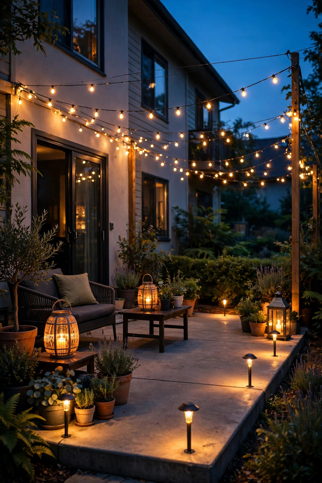 Ground-floor apartment patio at dusk with warm string lights, glowing lanterns and path lights along the concrete slab