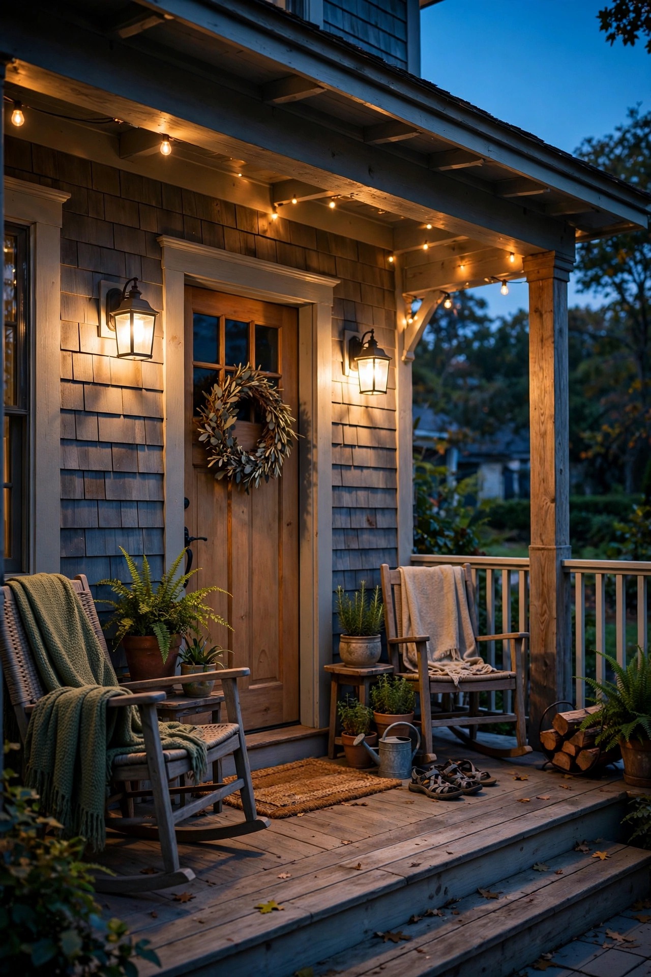 Front porch glowing warmly at dusk with automated porch lights on a lived-in vacation schedule