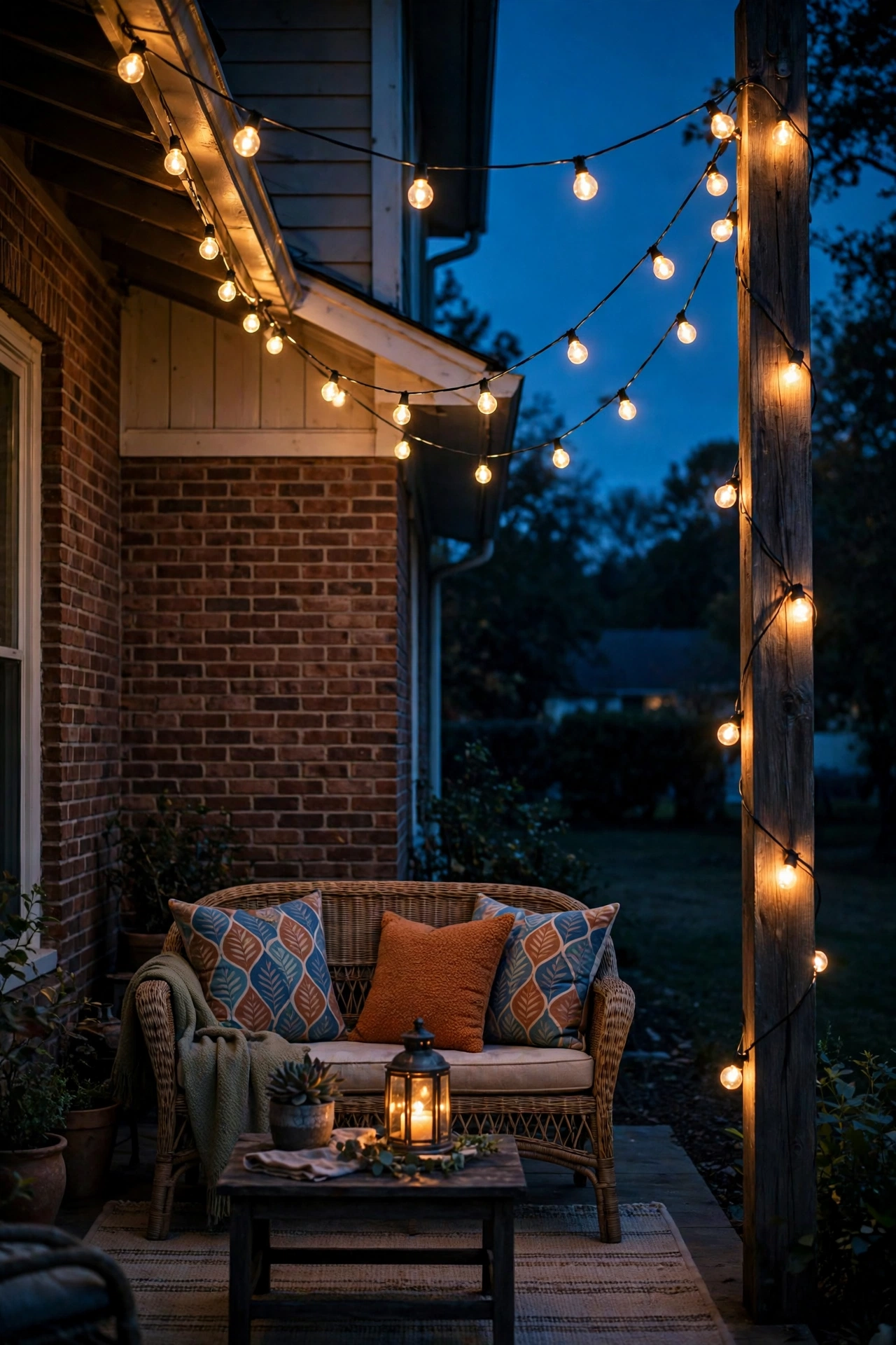 Cozy back porch at dusk with warm string lights over a seating area
