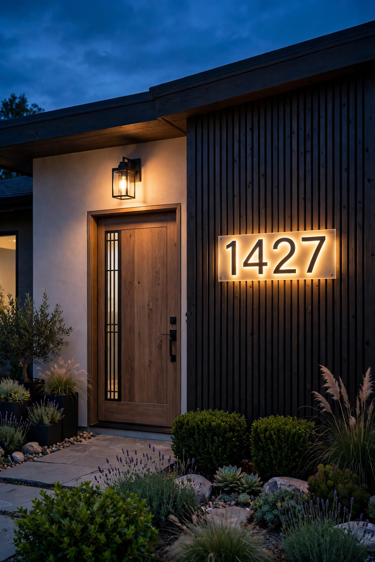 Modern home entry at dusk with a backlit address plaque glowing warmly beside the front door