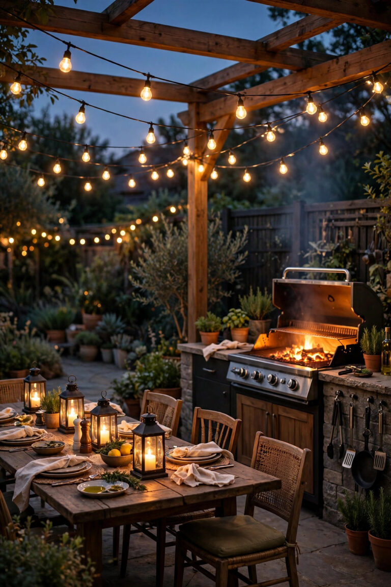 Warm backyard bbq lighting ideas at dusk with string lights over the patio, a glowing grill station, and lanterns along the dining table