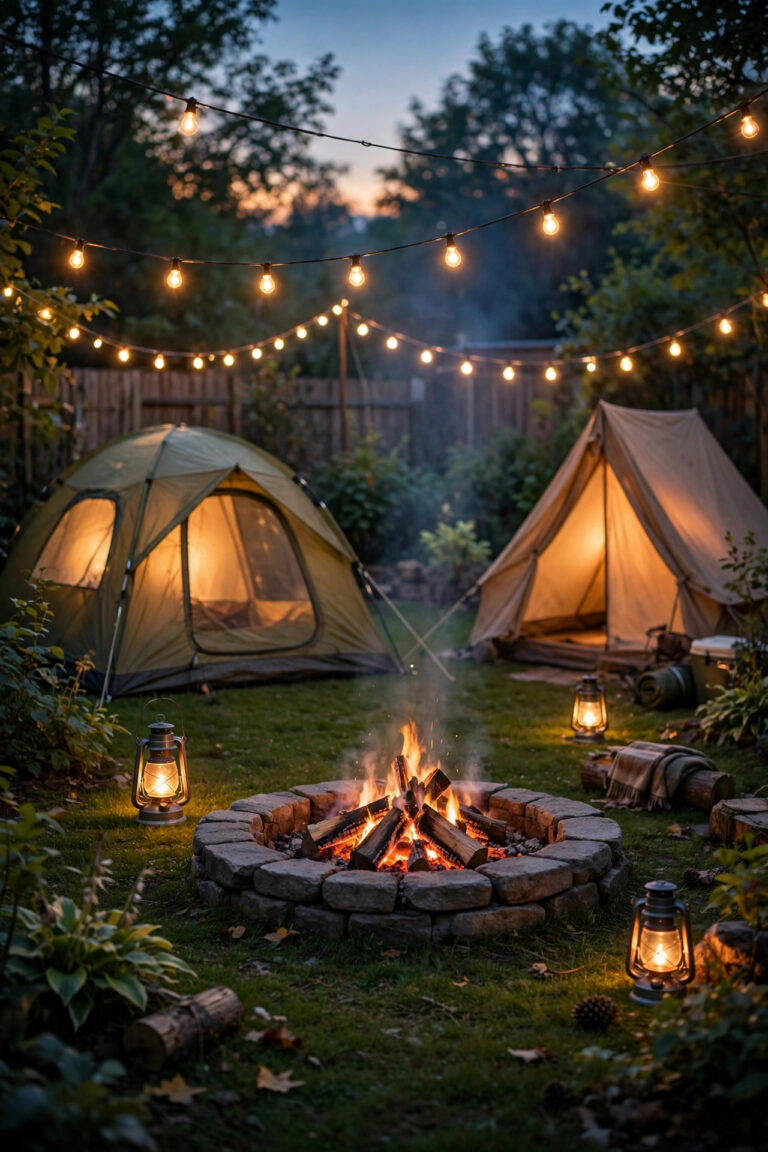Backyard campout at dusk with two tents glowing under warm string lights, a fire pit ring and lanterns lighting the lawn