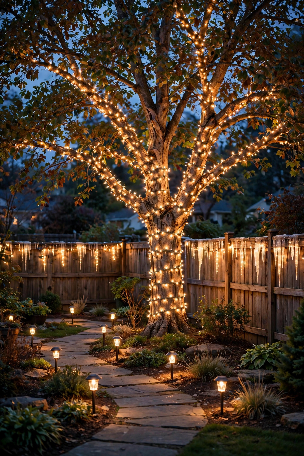 Backyard at dusk with a large tree wrapped in warm white Christmas lights, icicle lights along the wooden fence, and glowing path stakes