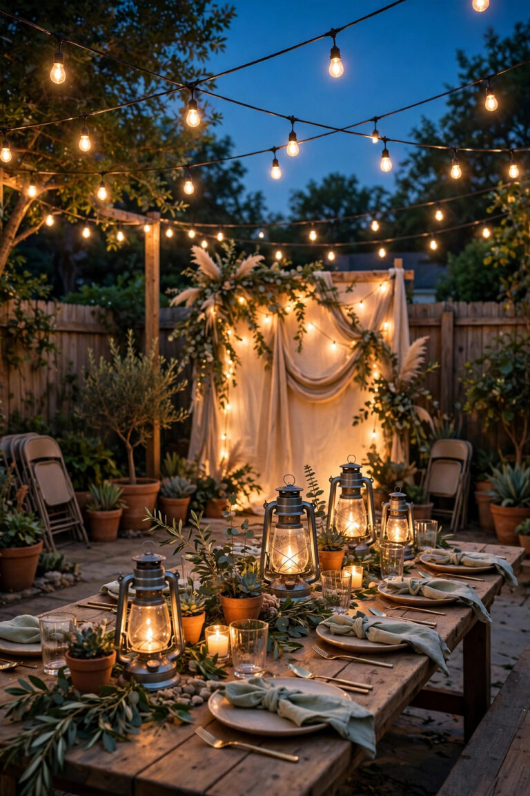 Backyard graduation party at dusk with warm string lights overhead, glowing lanterns on tables and a lit photo backdrop