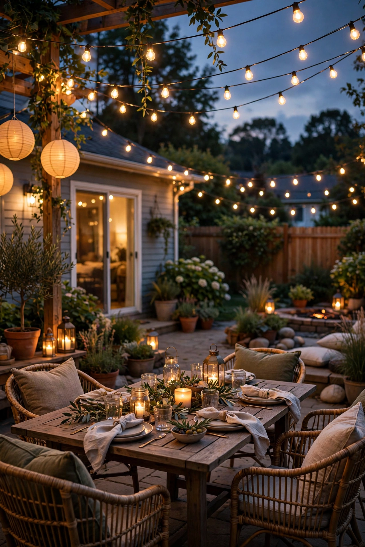 Backyard glowing with string lights and lanterns set up for an evening party