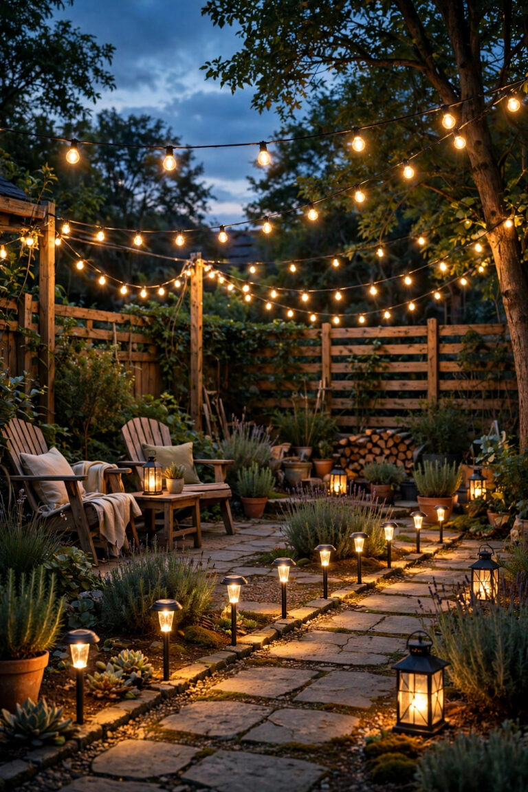 Cozy backyard at dusk lit entirely by solar and battery lights, string lights overhead, glowing path stakes and lanterns, no outlets or cords visible