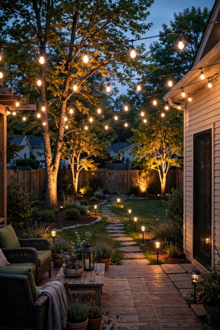 Cozy suburban backyard at dusk glowing with layered cheap backyard lighting, warm string lights over a patio, solar path stakes and uplit trees