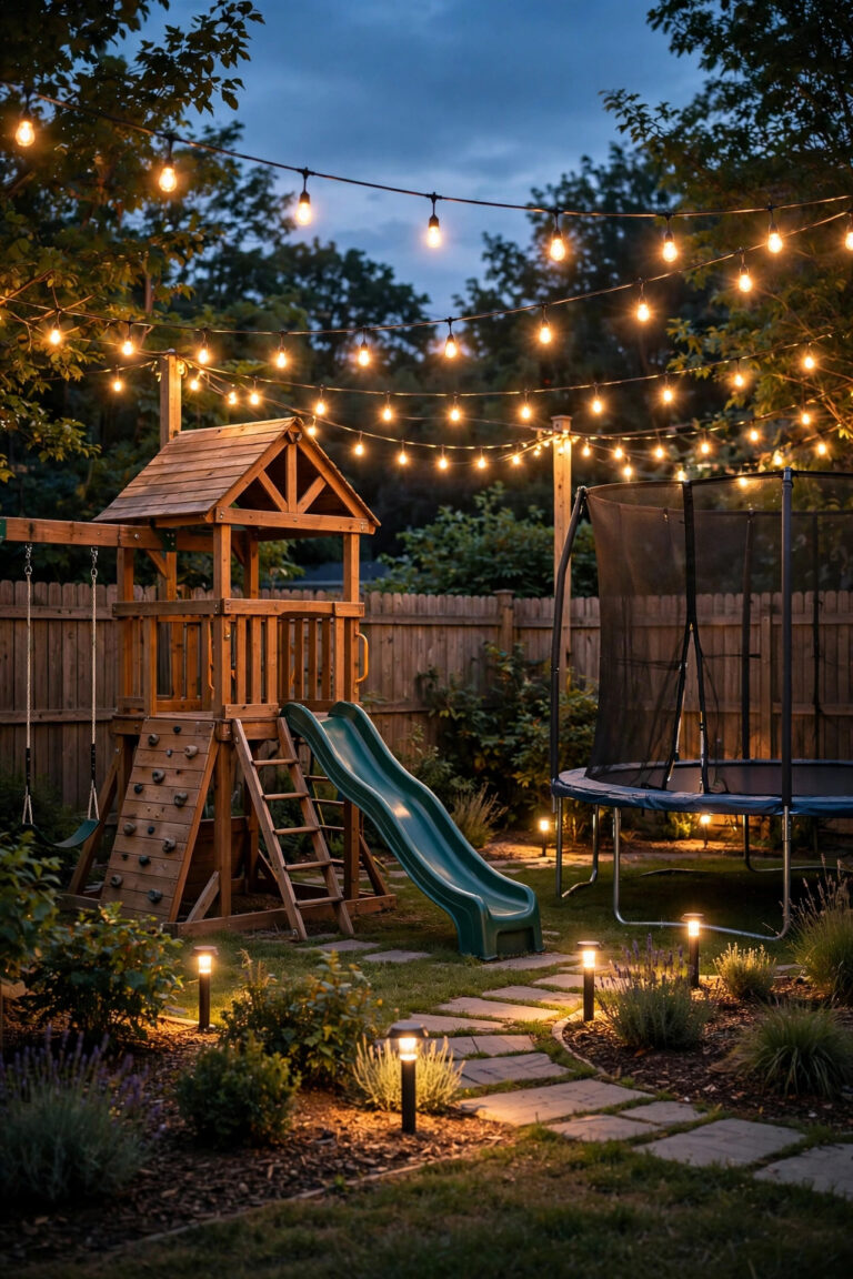 Backyard playset and trampoline glowing with warm layered lighting at dusk, string lights overhead and path lights below