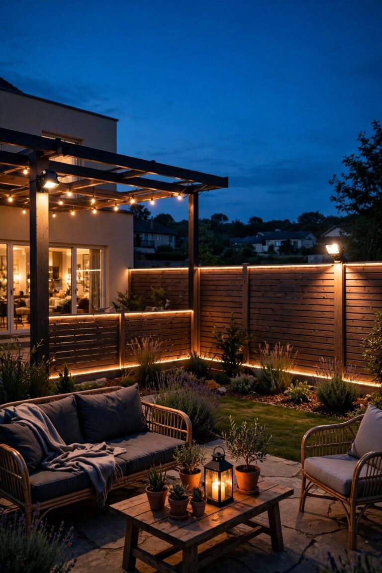 Warm dusk view of a fenced suburban backyard with layered security lighting, soft fence-line glow, corner floodlights and a cozy lit patio