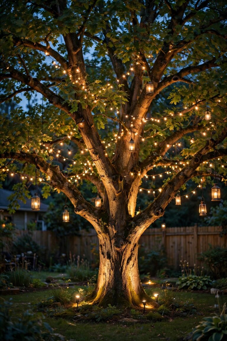 Mature backyard tree at dusk glowing with warm uplights, hanging lanterns and string lights layered through the canopy