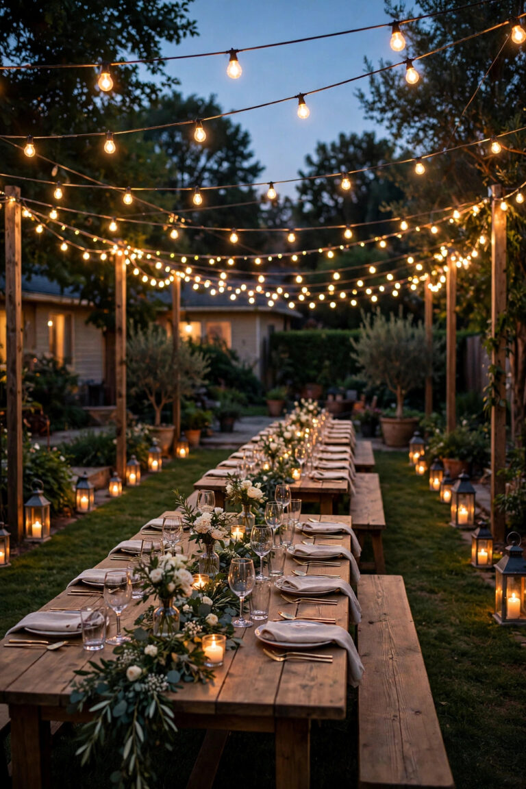 Backyard wedding reception at dusk with warm cafe string lights crisscrossed over long banquet tables and lanterns glowing along the lawn