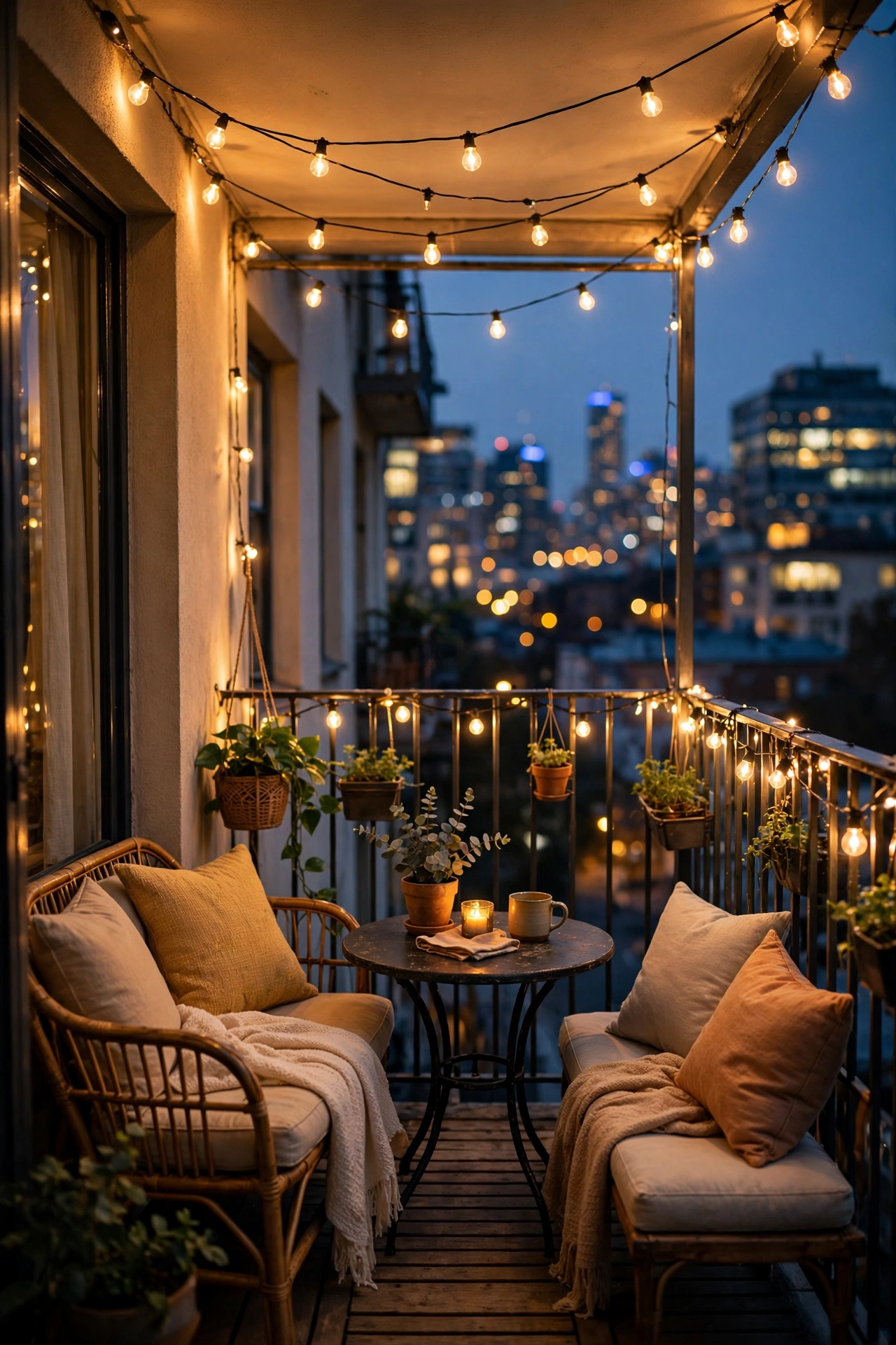 Apartment balcony at night glowing with warm string lights, lanterns, and fairy lights around a small seating area