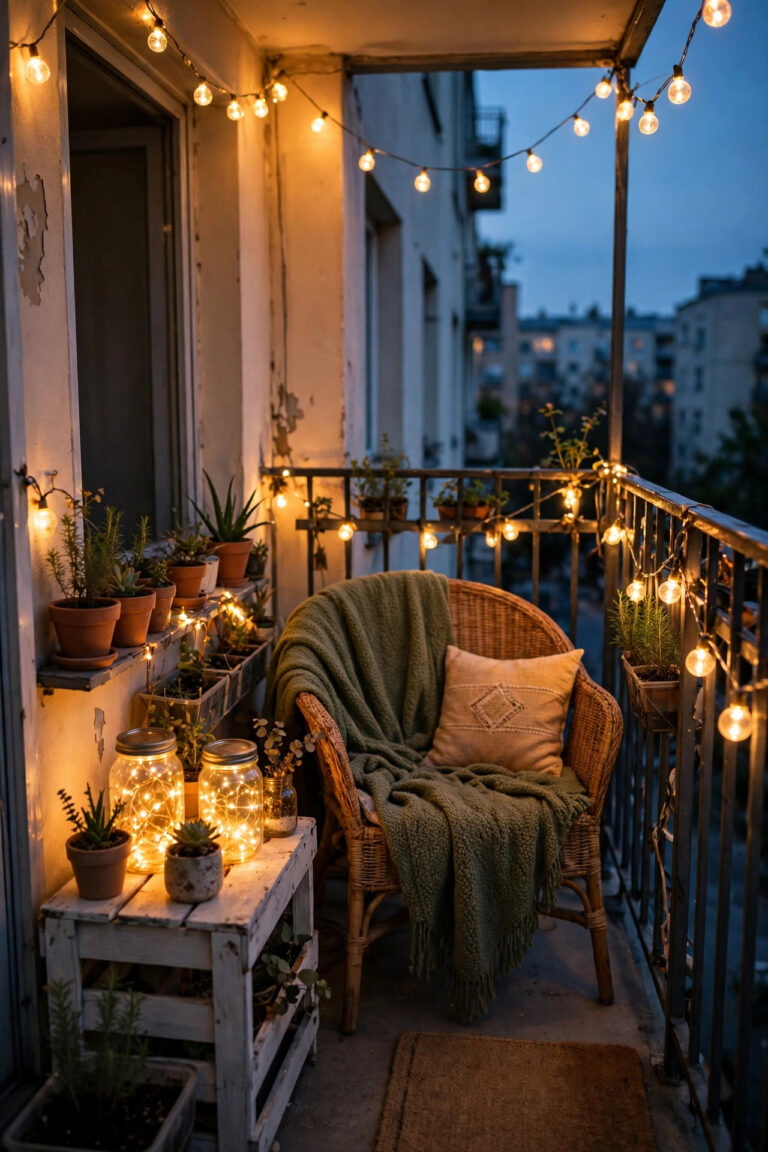 Small first-apartment balcony at dusk glowing with warm solar string lights, fairy light jars and a cozy chair, all budget friendly