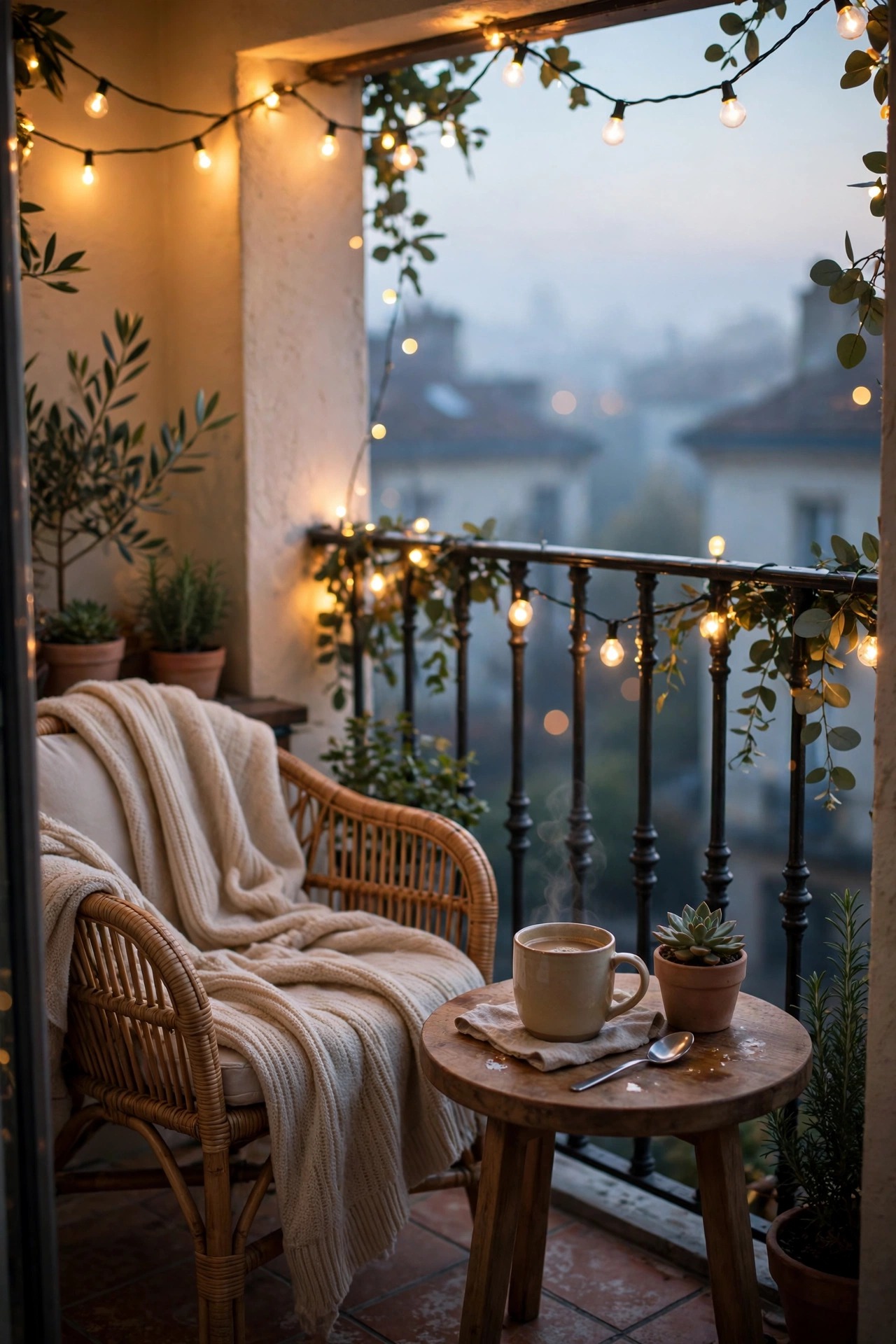 Small balcony at dawn with warm string lights glowing softly, a mug of coffee on a side table beside a cozy chair and throw blanket