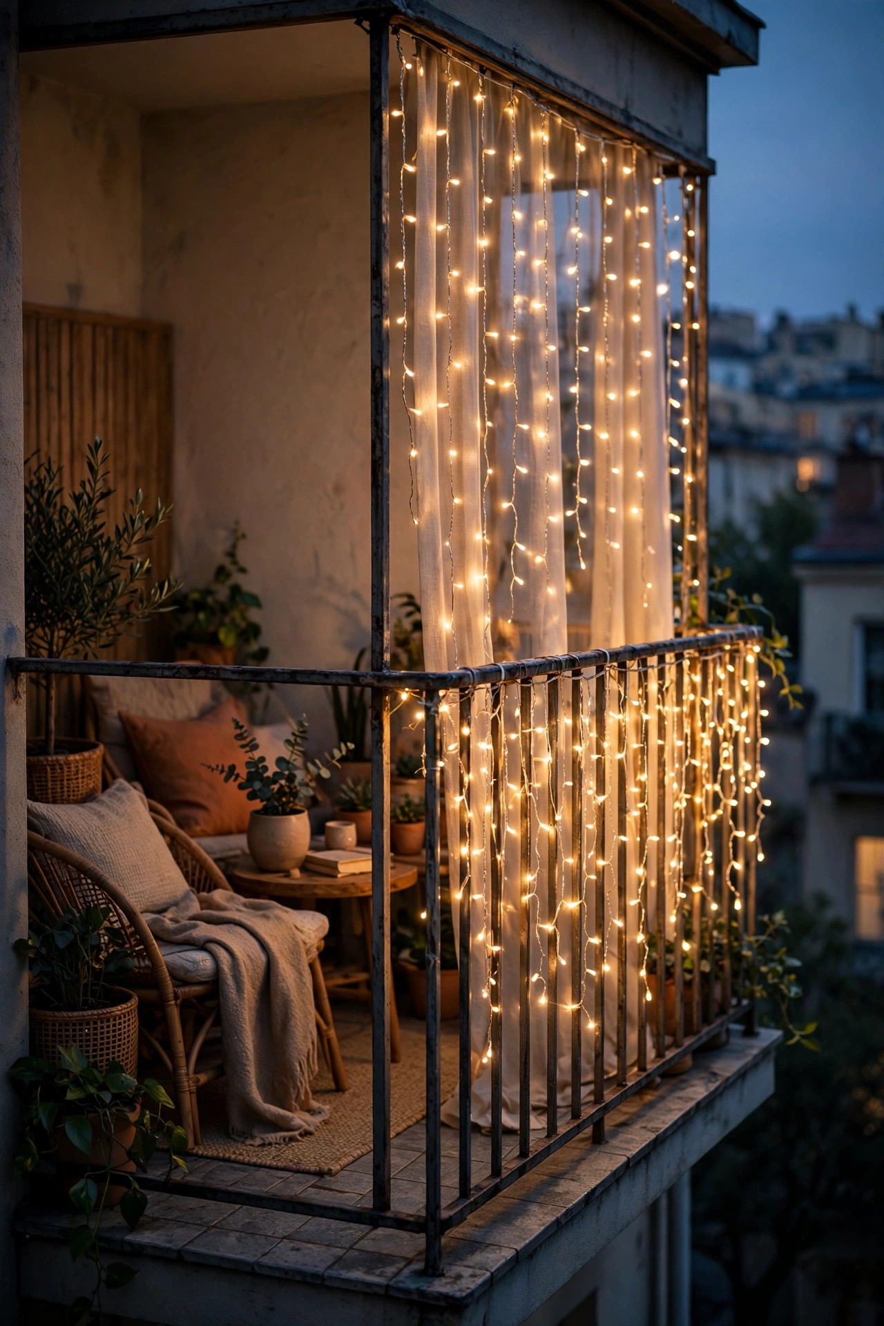 Small apartment balcony at dusk wrapped in warm curtain string lights along the railing, glowing softly like a private screen with cozy seating in gentle shadow behind
