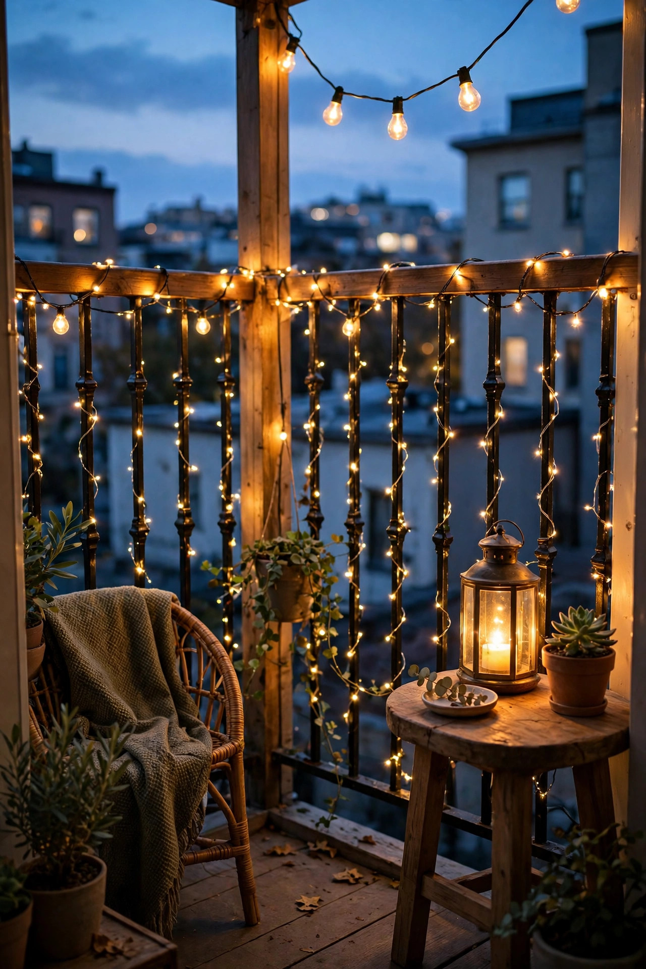 Small apartment balcony at dusk with warm string lights wrapped along the railing, fairy lights woven through the balusters and a glowing lantern on the side table