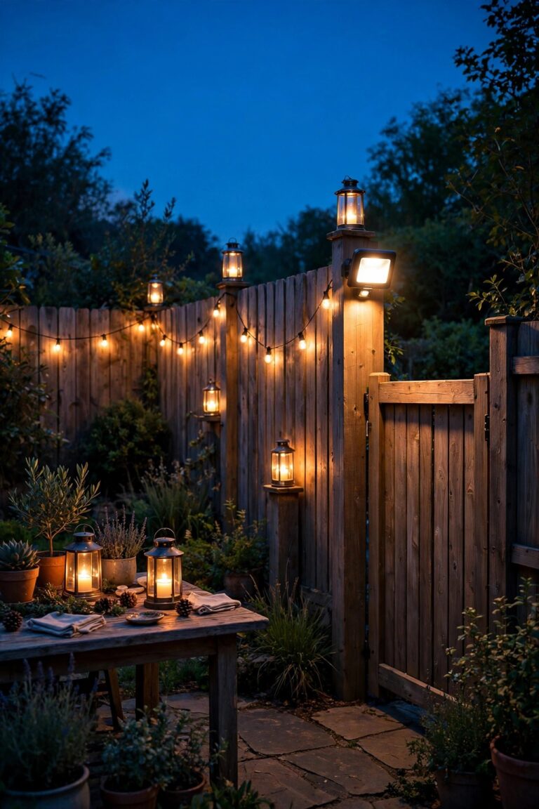 Warm dusk backyard with no outdoor outlets lit entirely by battery powered outdoor lighting, glowing lanterns, fence string lights and a motion floodlight by the gate