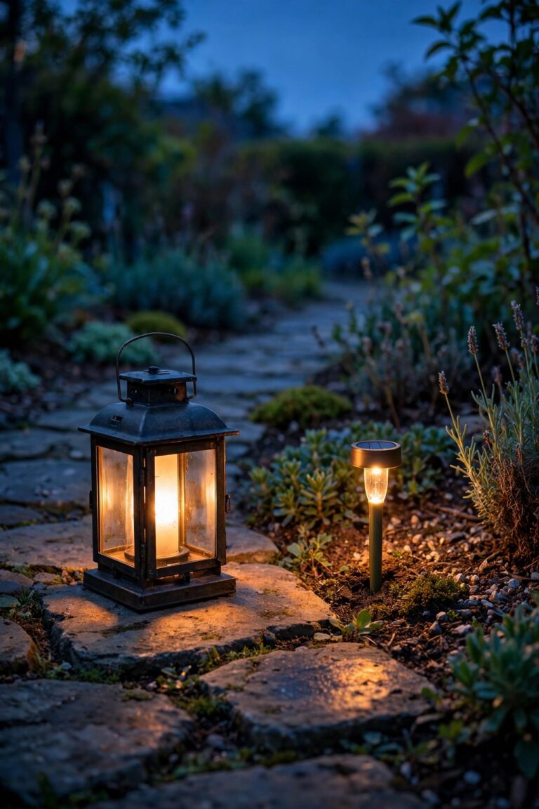 A battery-powered lantern and a solar stake light glowing side by side along a garden path at dusk, warm light pooling on the stones