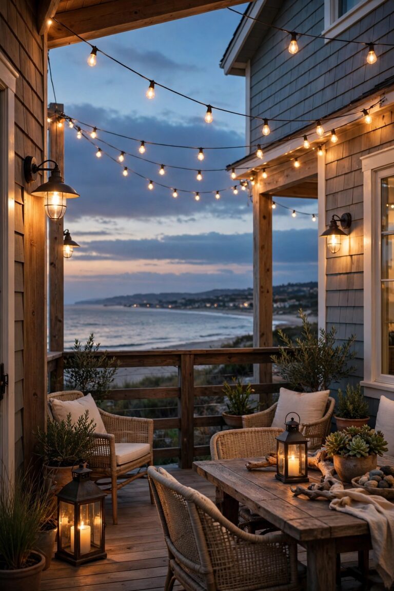 Beach house patio at dusk with warm string lights, lanterns, and marine grade sconces glowing against a coastal sky
