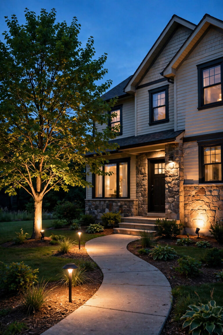 Front yard at dusk lit by a beginner landscape lighting project with three warm path lights along the walkway and two spotlights washing a tree and the home's facade