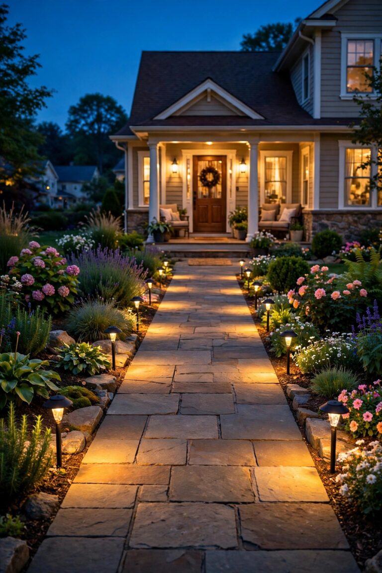 Front walkway at dusk lined with warm glowing path lights leading to a cozy suburban porch, golden pools of light on stone pavers, landscaped flower beds on both sides