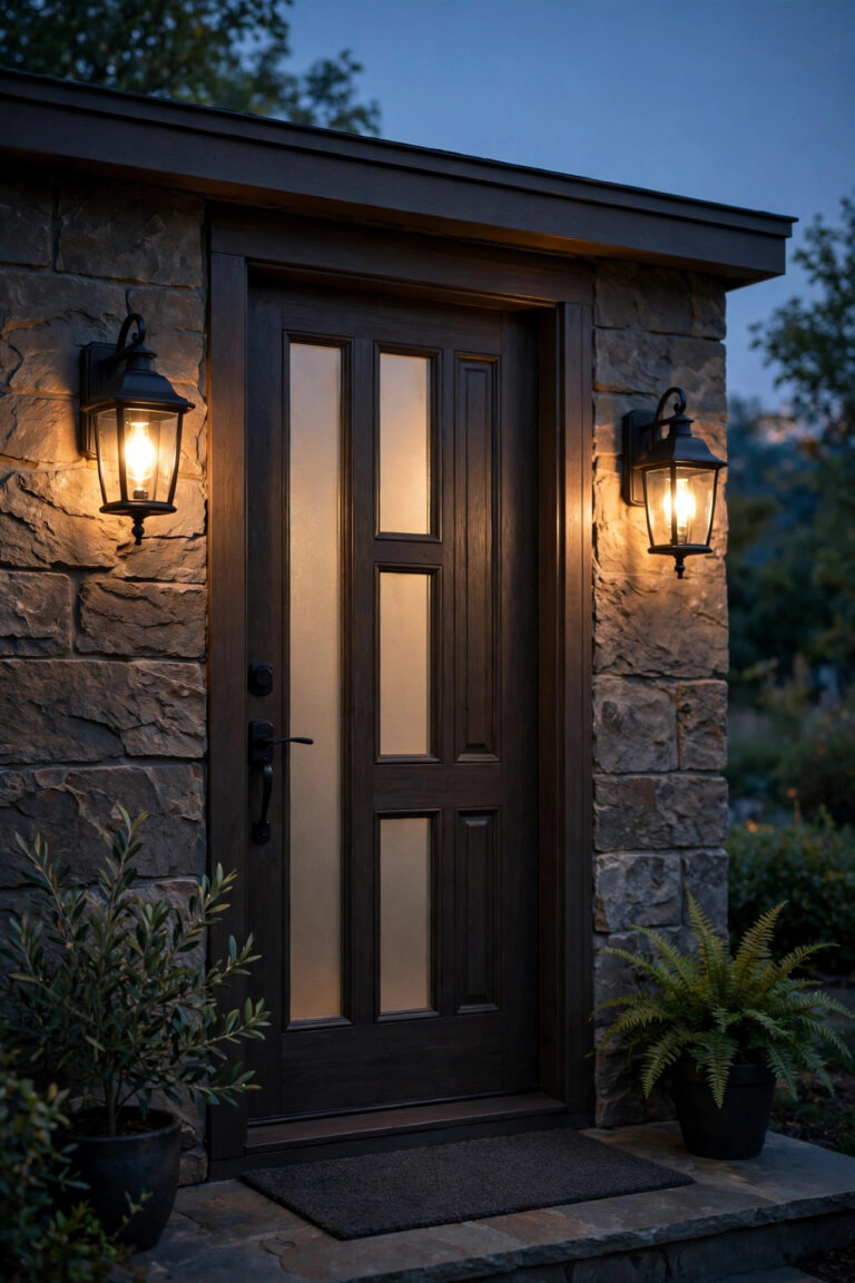 Pair of porch sconces with warm glowing LED bulbs flanking a front door at dusk
