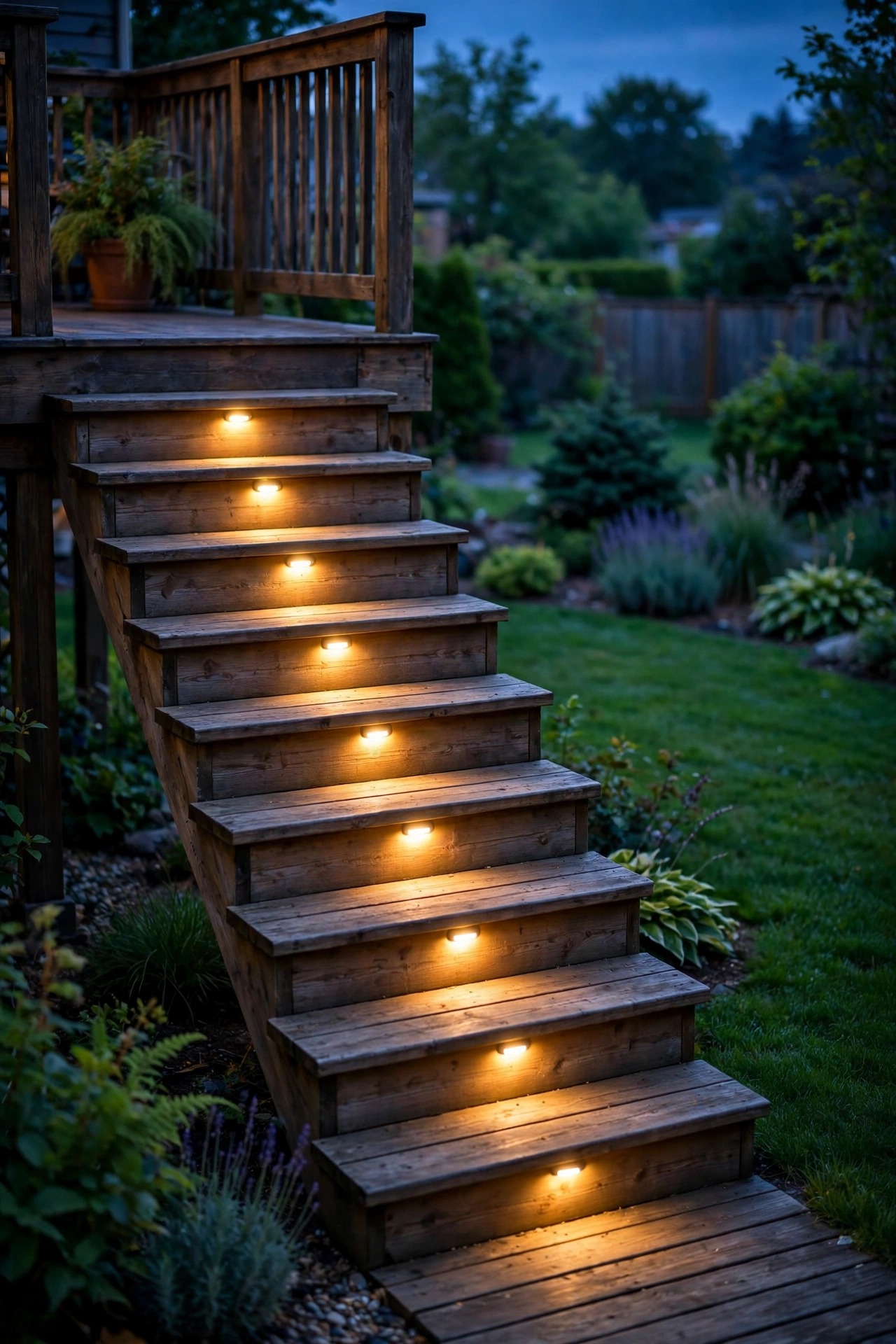 Wooden deck stairs at dusk with warm step lights glowing on every riser, cozy suburban backyard