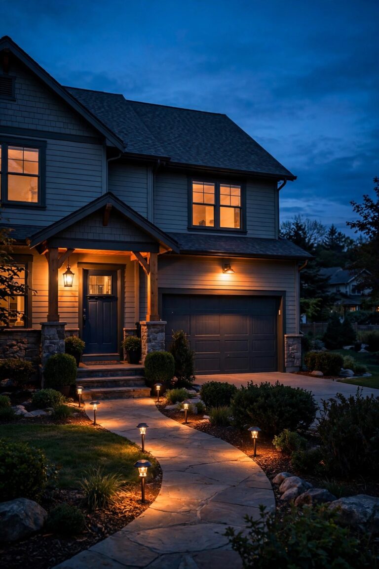 Photorealistic warm dusk view of a suburban home lit in layers by dusk-to-dawn lights, a glowing porch lantern by the front door, solar path lights along the walkway and warm light over the garage, deep blue twilight sky