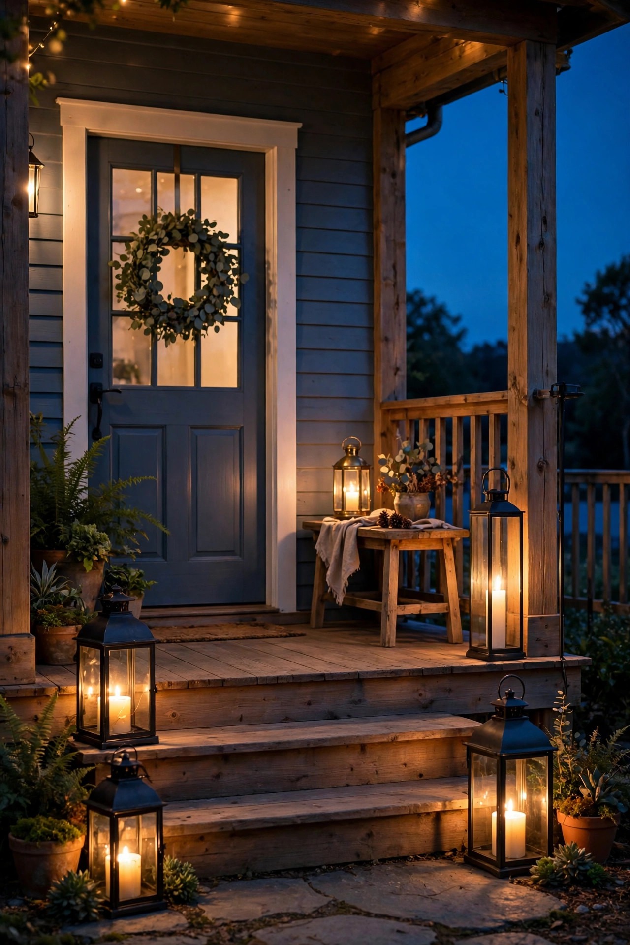 Warm dusk front porch layered with glowing lanterns at different heights, a pair flanking the steps, a table lantern on a side table, and one tall floor lantern in the corner, golden light against a deep blue evening sky