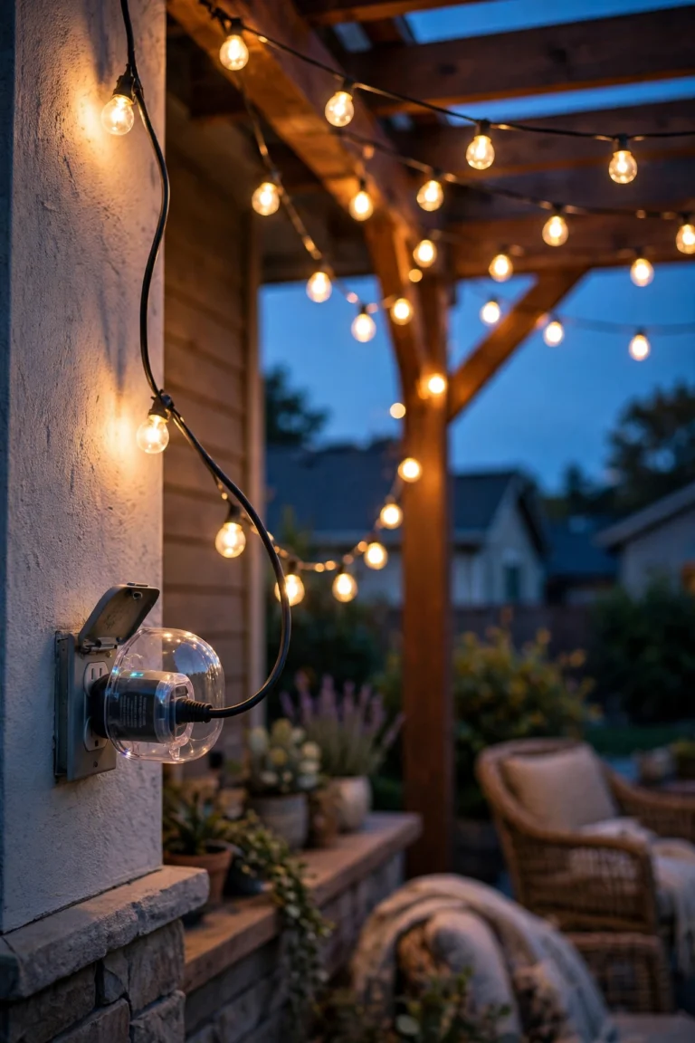 Outdoor smart plug with weatherproof cover controlling glowing patio string lights at dusk