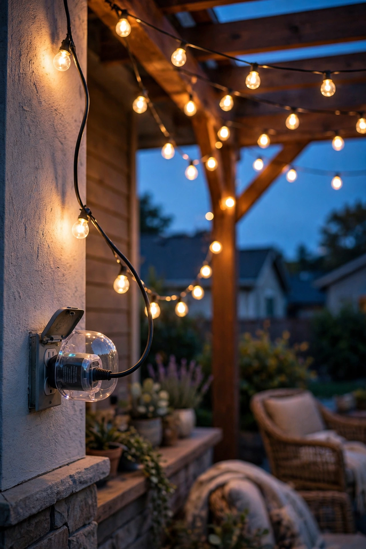 Outdoor smart plug with weatherproof cover controlling glowing patio string lights at dusk