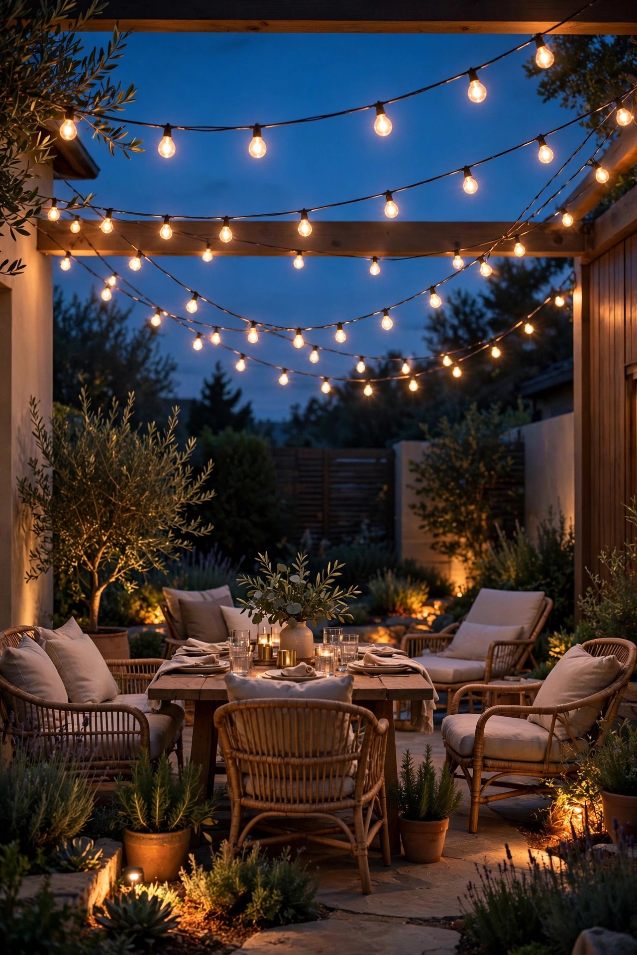Cozy patio at dusk under a canopy of warm glowing string lights strung in gentle swags over a dining table and lounge chairs, layered with soft landscape lighting below
