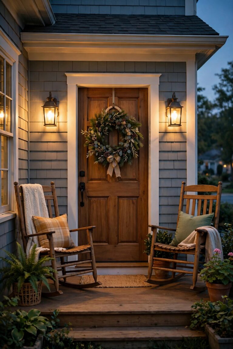 Photorealistic warm dusk photo of a welcoming American front porch with a pair of glowing lantern-style wall fixtures beside the front door, warm golden light, rocking chairs and a wreath on the door