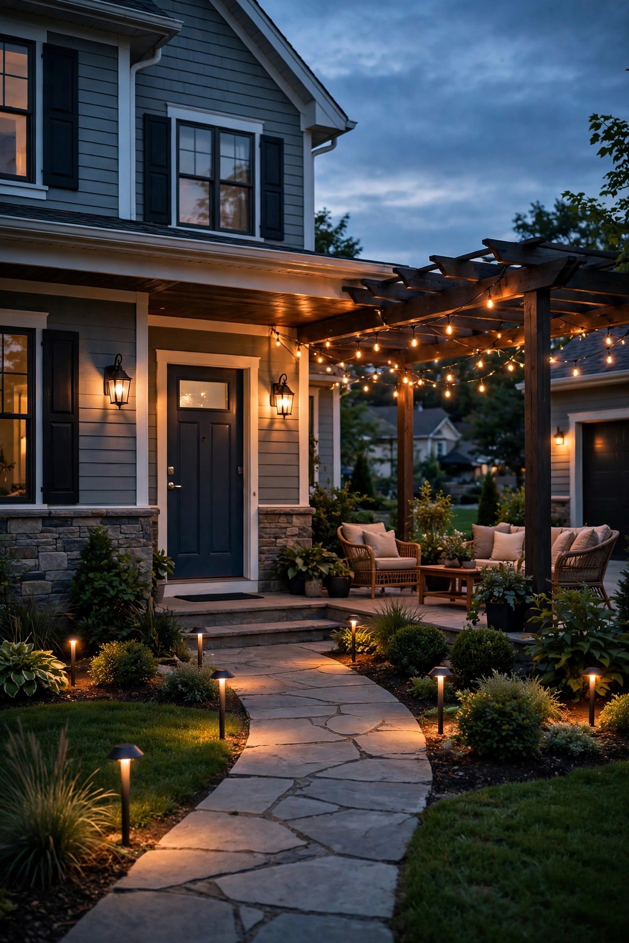 Photorealistic warm dusk view of a cozy American suburban home with smart outdoor lights glowing, porch lanterns lit, path lights along the walkway and string lights over the patio