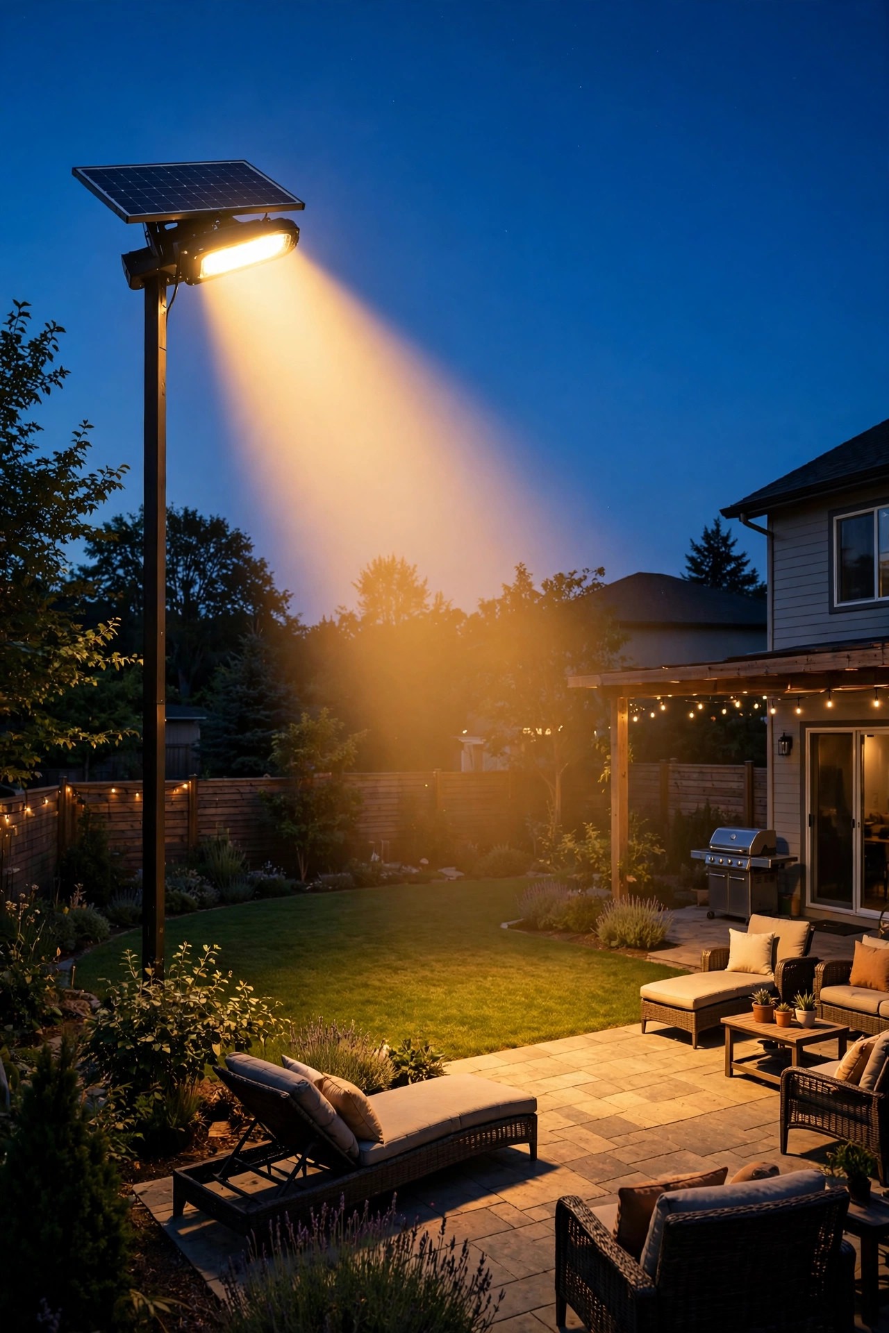 Wide warm beam from a solar flood light washing over a large suburban backyard and patio at dusk, cozy golden glow against deep blue evening sky