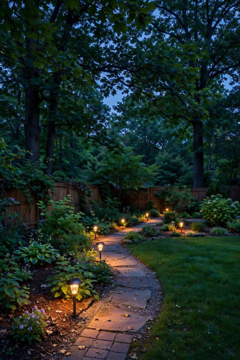Warm solar path lights glowing at dusk beneath tall shade trees in a leafy suburban backyard