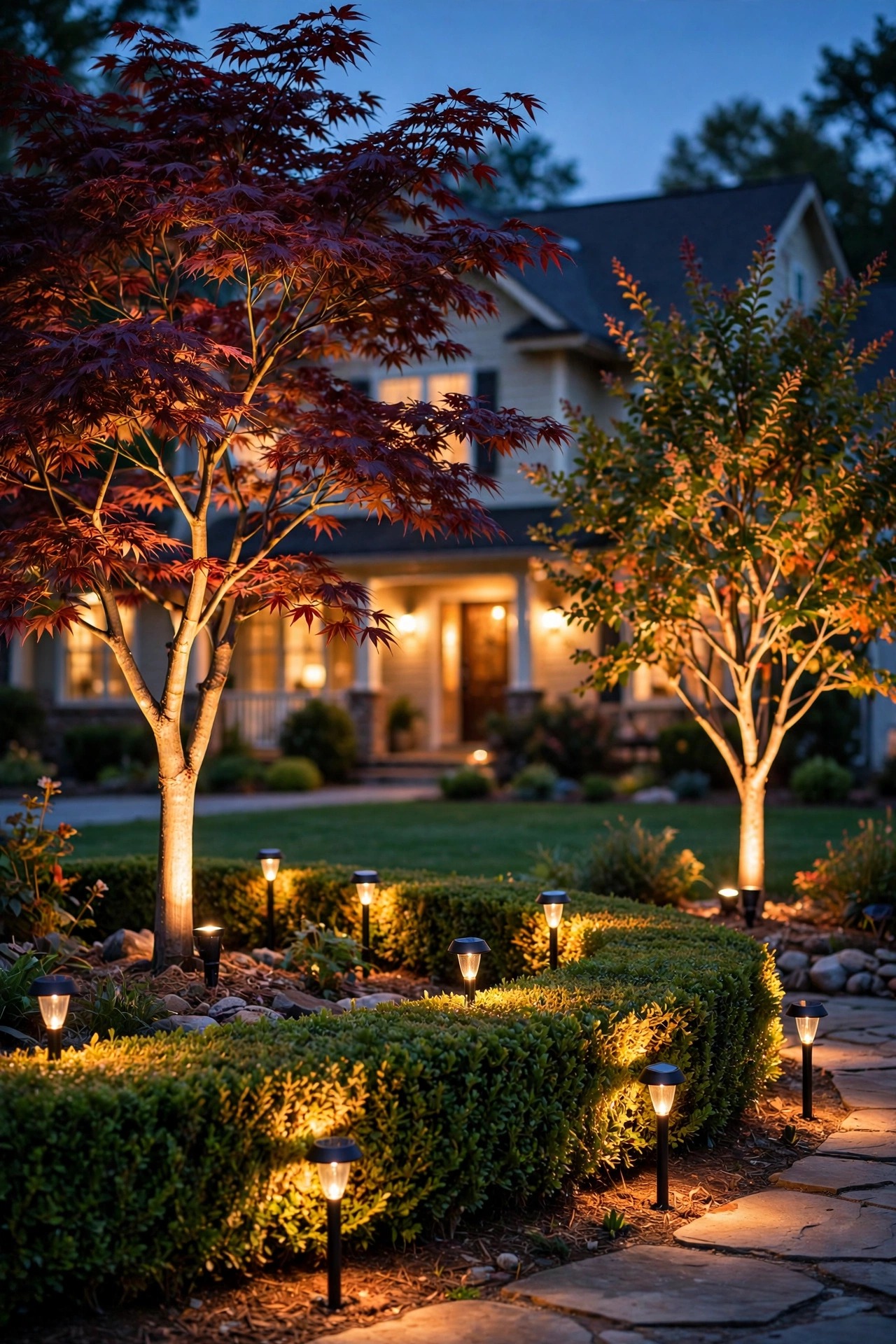 Photorealistic front yard at dusk with warm solar spotlights uplighting two ornamental trees and washing a low hedge, cozy suburban home glowing softly in the background