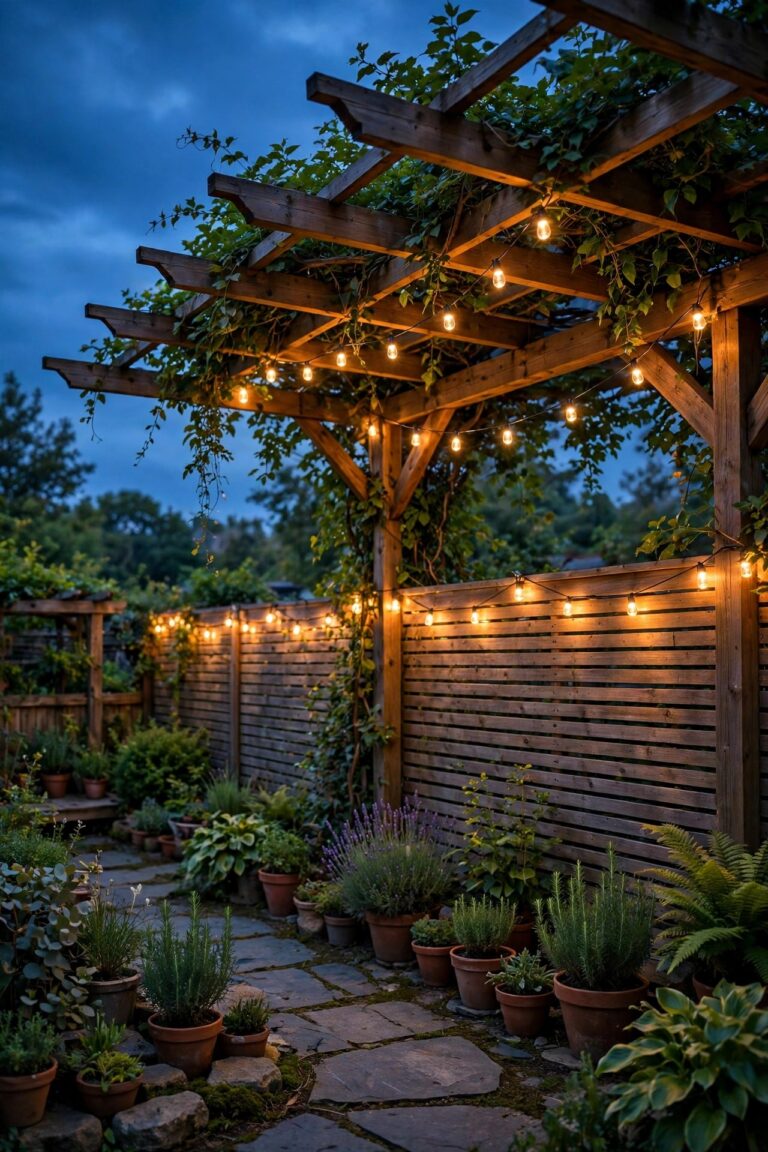 Solar string lights glowing warmly across a backyard fence and pergola at dusk with no visible cords or outlets