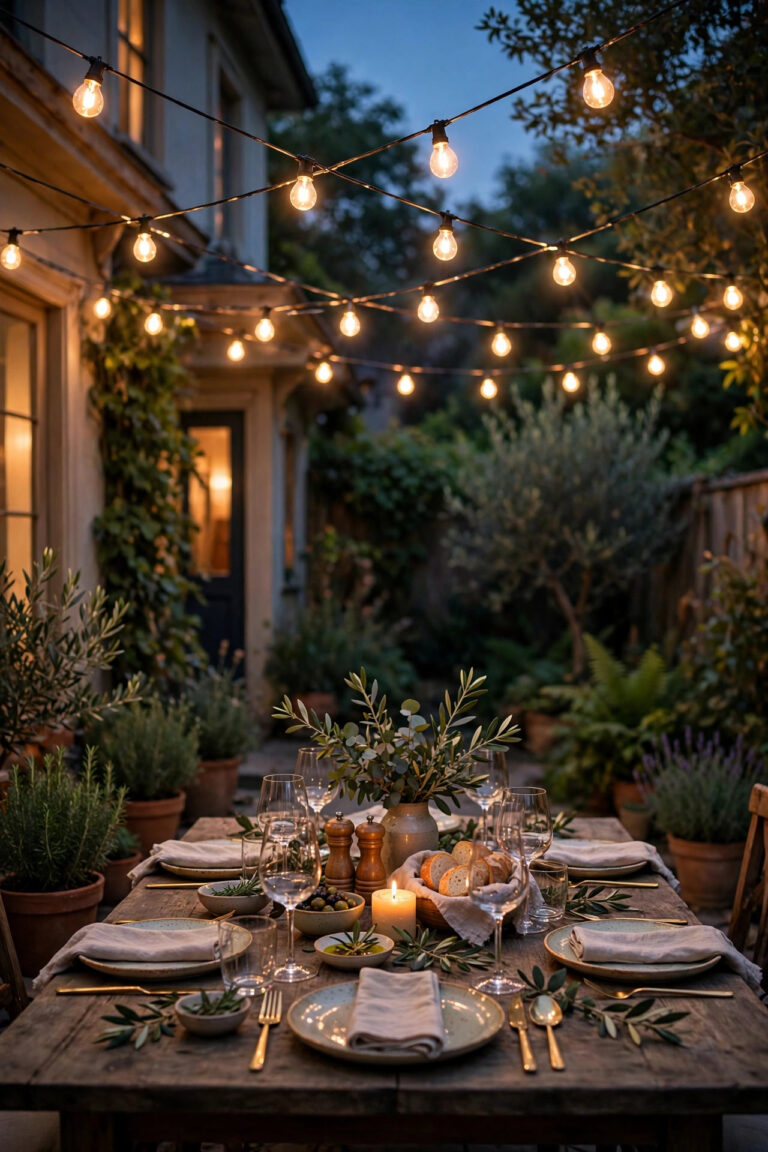 Warm bistro string lights in a crisscross canopy over a backyard dining table set for dinner at dusk