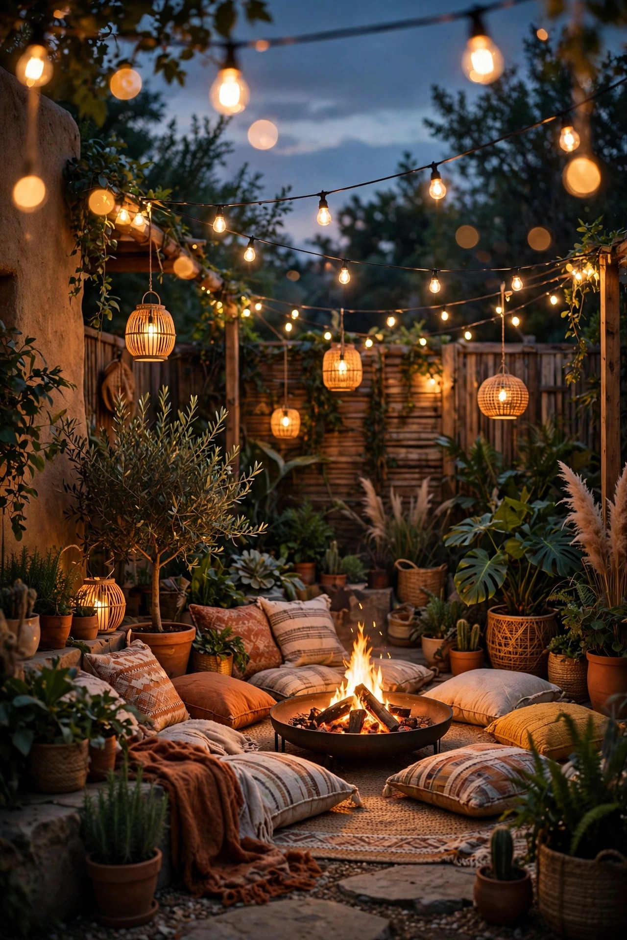 Boho backyard at dusk with cafe string lights, rattan lanterns and a glowing fire bowl among floor cushions and lush plantings