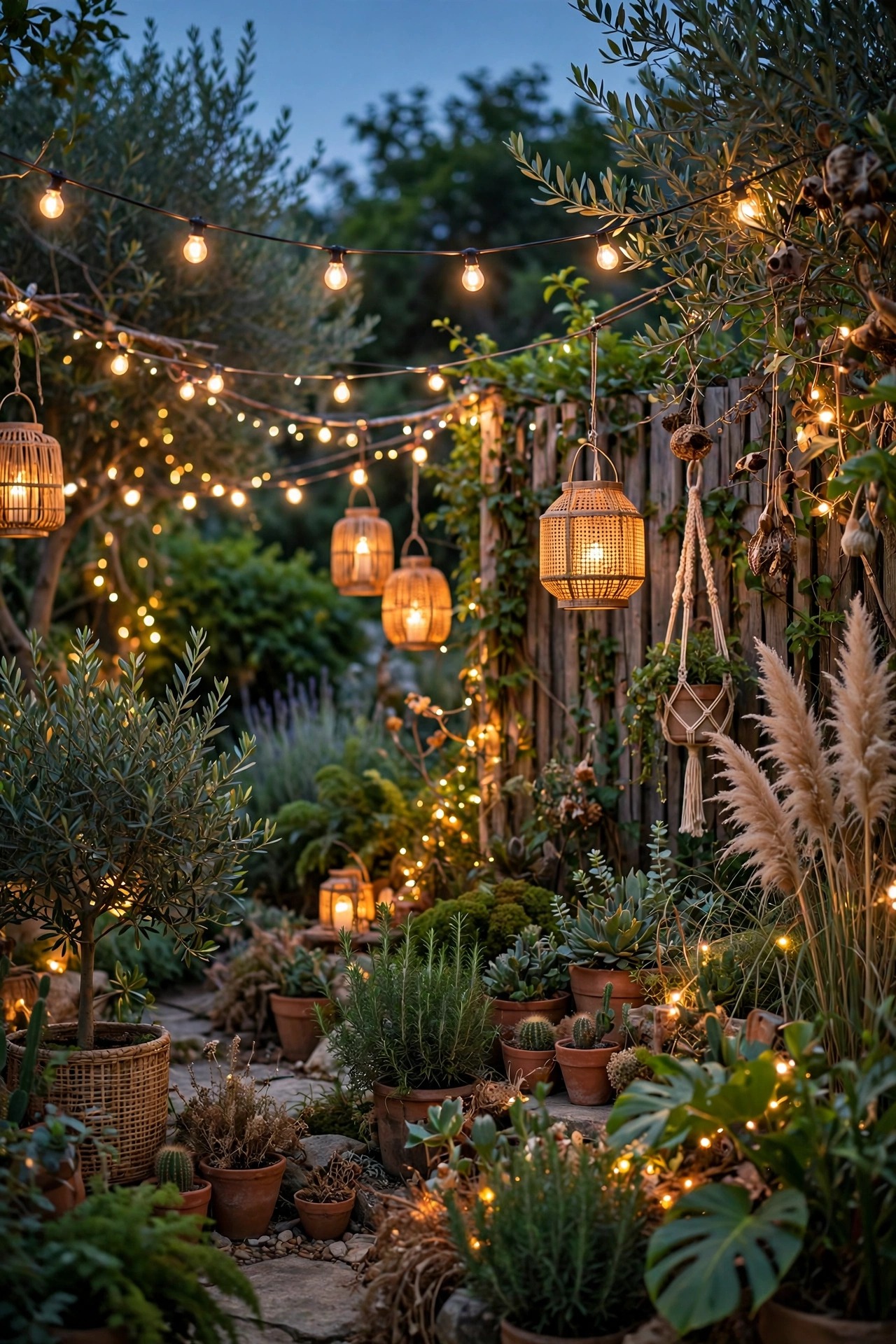 Boho garden at dusk with cafe string lights, rattan lanterns and fairy lights glowing warmly among lush plantings