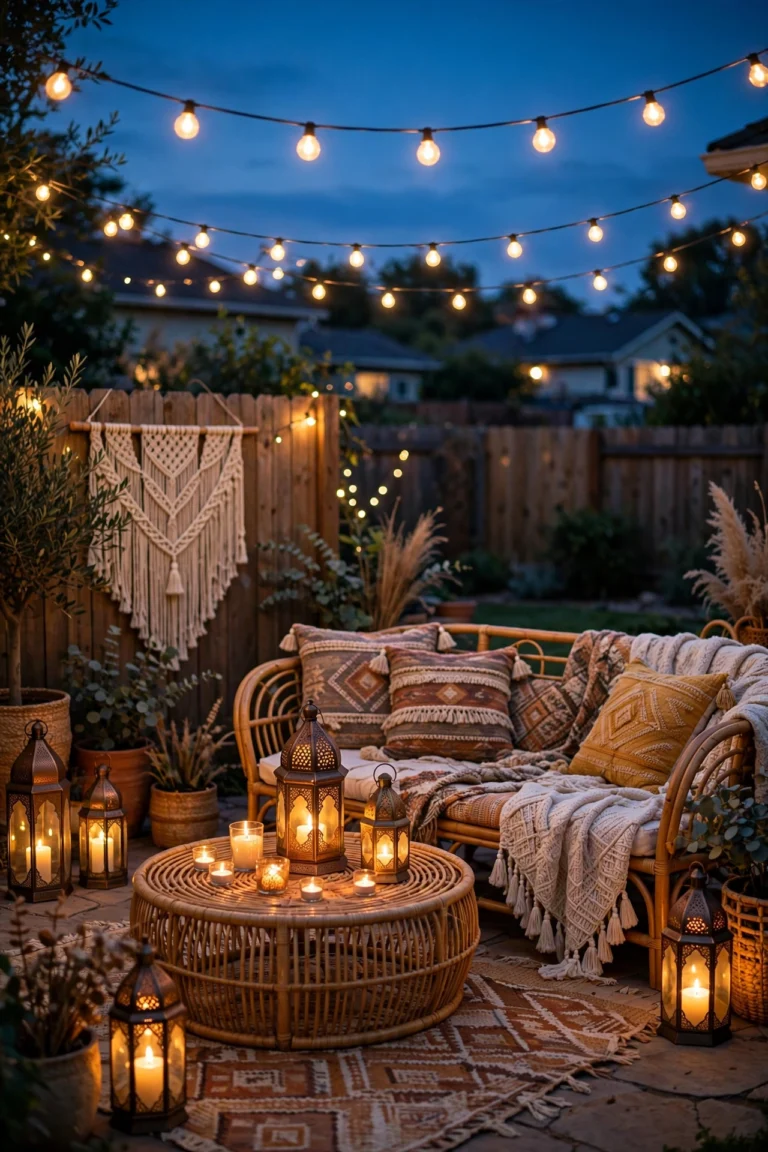Boho patio at dusk glowing with string lights, lanterns and candles around a rattan seating set