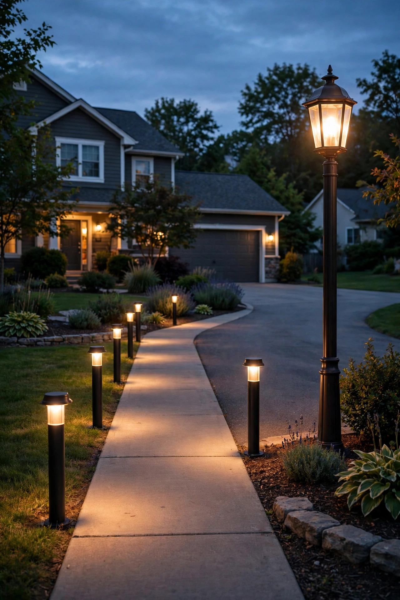 A suburban front yard at dusk comparing bollard vs post lights, with low bollards lining the walkway and a tall lantern post light glowing near the driveway