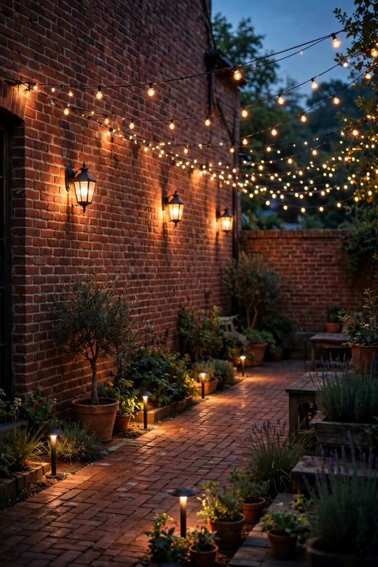 Brick patio at dusk layered with warm sconces, string lights and low path lights glowing against red brick