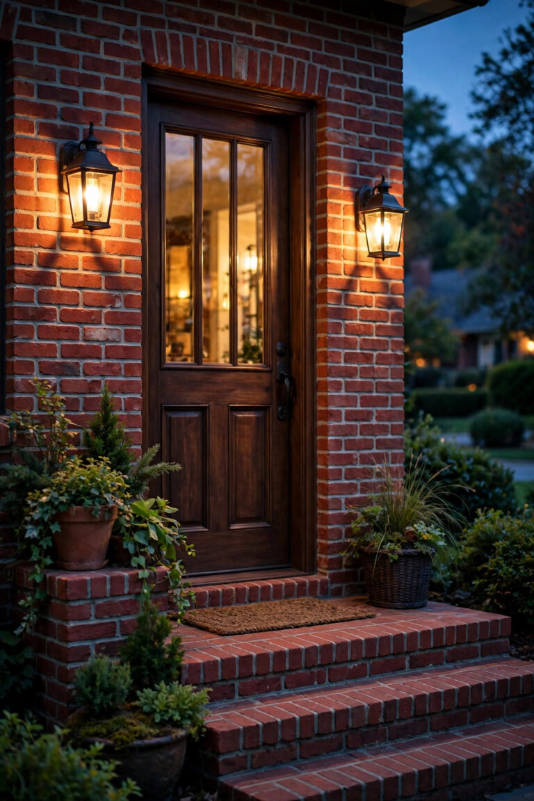 Brick porch lighting ideas on a red brick home at dusk with warm lantern sconces glowing beside the front door