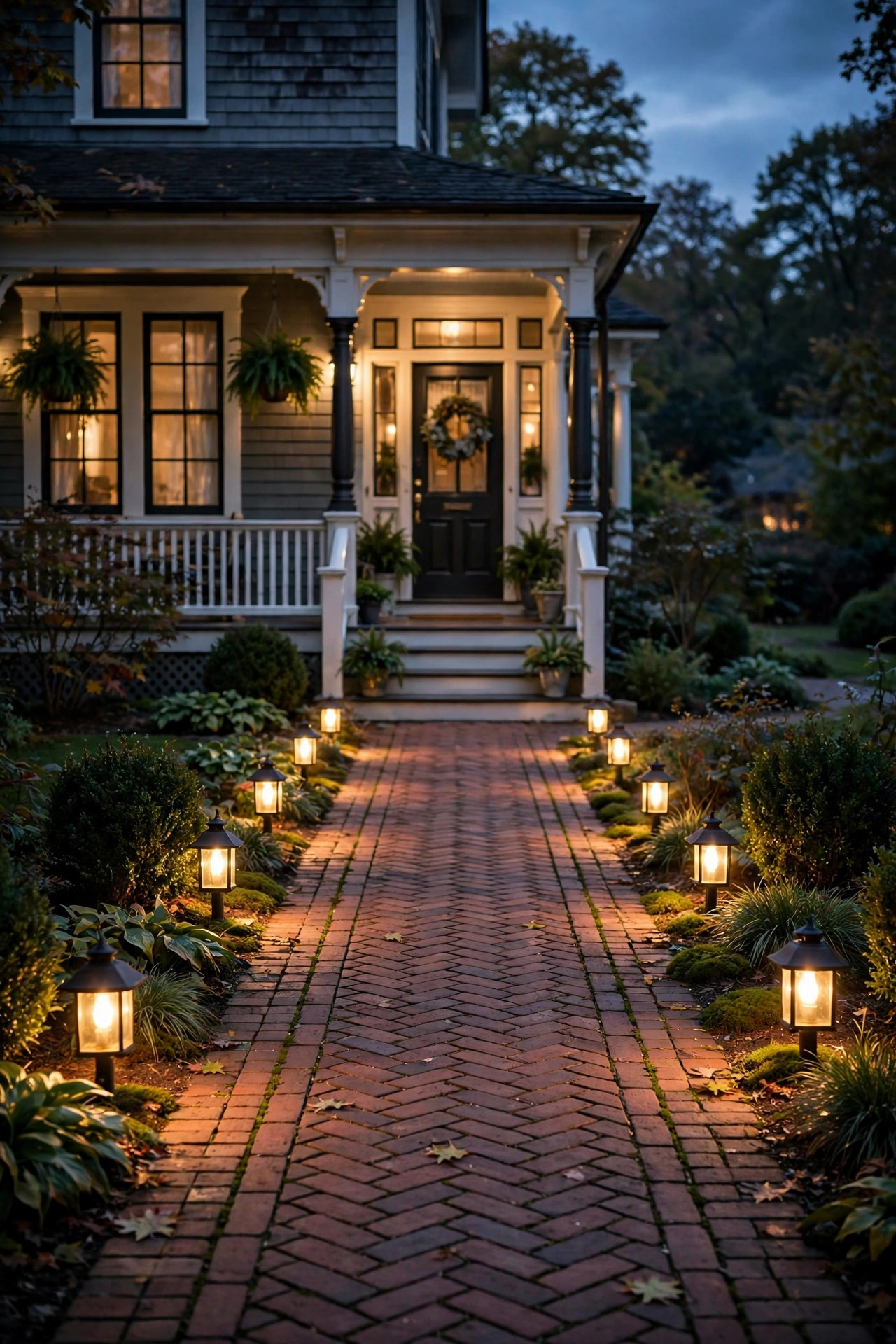 Brick walkway at dusk lined with warm low lantern lights leading to a classic front porch