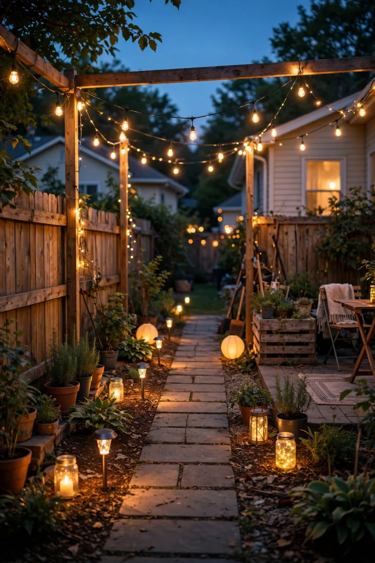 Backyard glowing with warm string lights, solar path lights and lanterns creating an expensive-looking scene on a budget